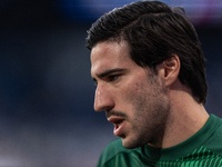 Sandro Tonali of Italy warms up before the UEFA Nations League 2024/25 League A Group A2 match between France and Italy at Parc des Princes...