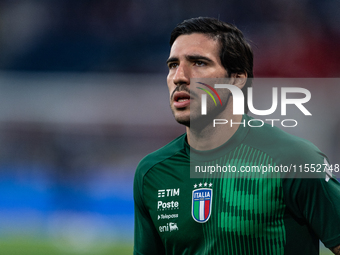 Sandro Tonali of Italy warms up before the UEFA Nations League 2024/25 League A Group A2 match between France and Italy at Parc des Princes...