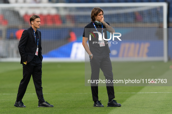 Nicolo Fagioli and Riccardo Calafiori of Italy inspect the pitch before the UEFA Nations League 2024/25 League A Group A2 match between Fran...