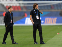 Nicolo Fagioli and Riccardo Calafiori of Italy inspect the pitch before the UEFA Nations League 2024/25 League A Group A2 match between Fran...