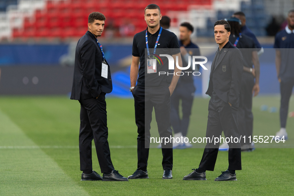 Giovanni di Lorenzo, Alessandro Buongiorno, and Giacomo Raspadori of Italy inspect the pitch before the UEFA Nations League 2024/25 League A...