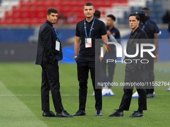 Giovanni di Lorenzo, Alessandro Buongiorno, and Giacomo Raspadori of Italy inspect the pitch before the UEFA Nations League 2024/25 League A...