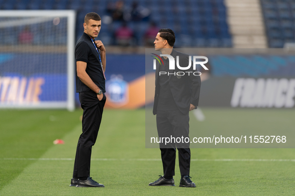 Alessandro Buongiorni and Giacomo Raspadori of Italy inspect the pitch before the UEFA Nations League 2024/25 League A Group A2 match betwee...