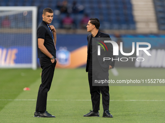 Alessandro Buongiorni and Giacomo Raspadori of Italy inspect the pitch before the UEFA Nations League 2024/25 League A Group A2 match betwee...