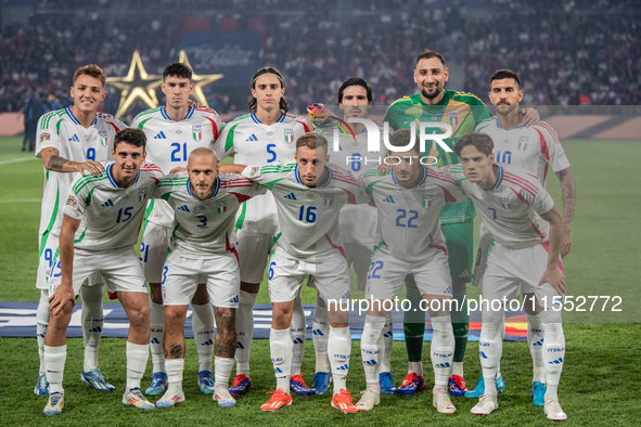 Italy lines up before the UEFA Nations League 2024/25 League A Group A2 match between France and Italy at Parc des Princes stadium in Paris,...