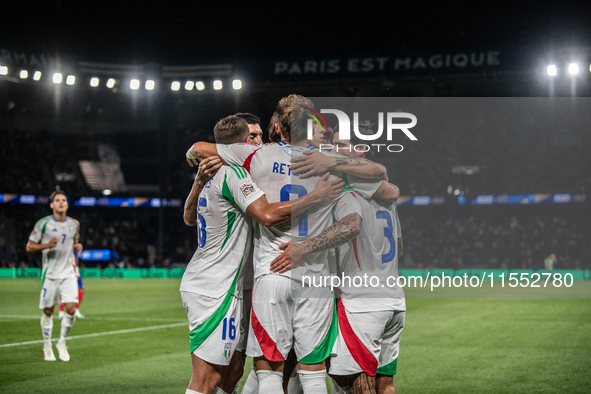 Federico Dimarco of Italy celebrates a goal during the UEFA Nations League 2024/25 League A Group A2 match between France and Italy at Parc...