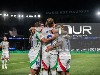 Federico Dimarco of Italy celebrates a goal during the UEFA Nations League 2024/25 League A Group A2 match between France and Italy at Parc...