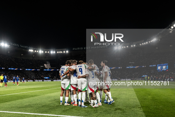 Federico Dimarco of Italy celebrates a goal during the UEFA Nations League 2024/25 League A Group A2 match between France and Italy at Parc...