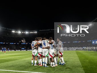 Federico Dimarco of Italy celebrates a goal during the UEFA Nations League 2024/25 League A Group A2 match between France and Italy at Parc...