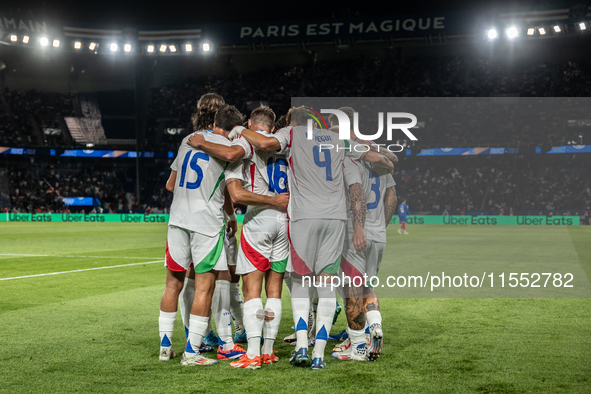 Federico Dimarco of Italy celebrates a goal during the UEFA Nations League 2024/25 League A Group A2 match between France and Italy at Parc...