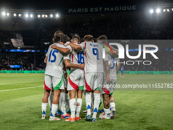 Federico Dimarco of Italy celebrates a goal during the UEFA Nations League 2024/25 League A Group A2 match between France and Italy at Parc...