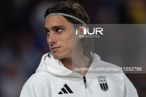 Riccardo Calafiori of Italy enters the pitch before the UEFA Nations League 2024/25 League A Group A2 match between France and Italy at Parc...