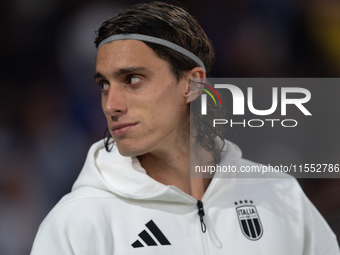 Riccardo Calafiori of Italy enters the pitch before the UEFA Nations League 2024/25 League A Group A2 match between France and Italy at Parc...