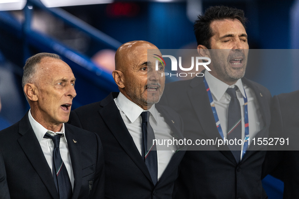 Luciano Spalletti, Head Coach of Italy, and Staff Member Gianluigi Buffon sit on the bench before the UEFA Nations League 2024/25 League A G...