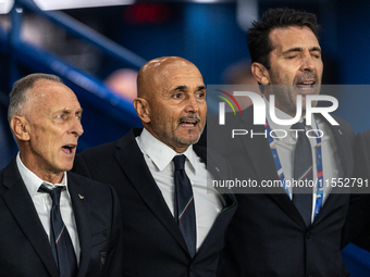 Luciano Spalletti, Head Coach of Italy, and Staff Member Gianluigi Buffon sit on the bench before the UEFA Nations League 2024/25 League A G...