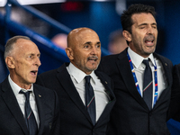 Luciano Spalletti, Head Coach of Italy, and Staff Member Gianluigi Buffon sit on the bench before the UEFA Nations League 2024/25 League A G...