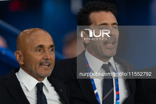 Luciano Spalletti, Head Coach of Italy, and Staff Member Gianluigi Buffon sit on the bench before the UEFA Nations League 2024/25 League A G...