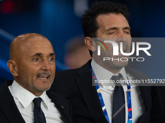 Luciano Spalletti, Head Coach of Italy, and Staff Member Gianluigi Buffon sit on the bench before the UEFA Nations League 2024/25 League A G...