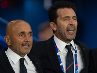 Luciano Spalletti, Head Coach of Italy, and Staff Member Gianluigi Buffon sit on the bench before the UEFA Nations League 2024/25 League A G...