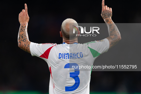 Federico Dimarco of Italy celebrates a goal during the UEFA Nations League 2024/25 League A Group A2 match between France and Italy in Paris...