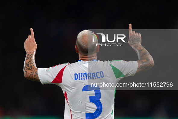 Federico Dimarco of Italy celebrates a goal during the UEFA Nations League 2024/25 League A Group A2 match between France and Italy in Paris...