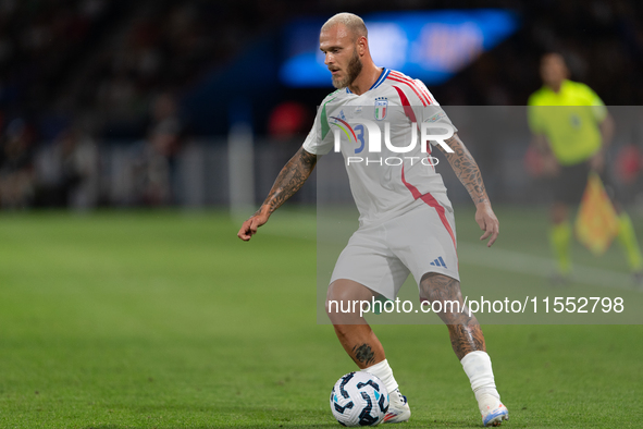 Federico Dimarco of Italy is in action during the UEFA Nations League 2024/25 League A Group A2 match between France and Italy at Parc des P...