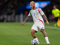 Federico Dimarco of Italy is in action during the UEFA Nations League 2024/25 League A Group A2 match between France and Italy at Parc des P...