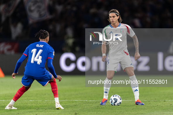 Riccardo Calafiori of Italy is in action during the UEFA Nations League 2024/25 League A Group A2 match between France and Italy at Parc des...