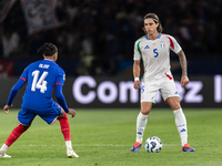 Riccardo Calafiori of Italy is in action during the UEFA Nations League 2024/25 League A Group A2 match between France and Italy at Parc des...