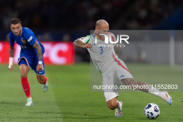 Federico Dimarco of Italy is in action during the UEFA Nations League 2024/25 League A Group A2 match between France and Italy at Parc des P...