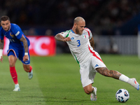 Federico Dimarco of Italy is in action during the UEFA Nations League 2024/25 League A Group A2 match between France and Italy at Parc des P...