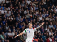 Riccardo Calafiori of Italy is in action during the UEFA Nations League 2024/25 League A Group A2 match between France and Italy at Parc des...