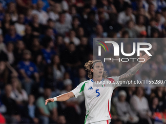 Riccardo Calafiori of Italy is in action during the UEFA Nations League 2024/25 League A Group A2 match between France and Italy at Parc des...