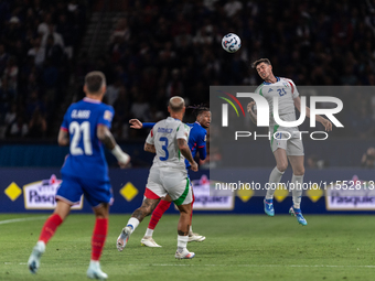 Alessandro Bastoni of Italy is in action during the UEFA Nations League 2024/25 League A Group A2 match between France and Italy at Parc des...