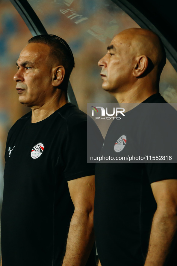 Egypt's national team coaches Ibrahim Hassan and Hossam Hassan during the Egypt vs Cape Verde match in the 2025 Africa Cup of Nations Qualif...