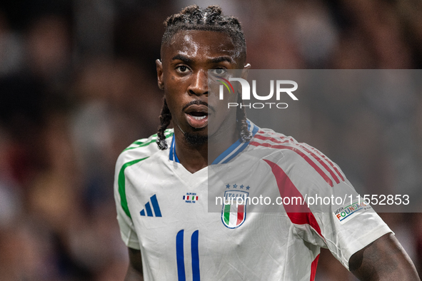 Moise Kean of Italy is in action during the UEFA Nations League 2024/25 League A Group A2 match between France and Italy at Parc des Princes...