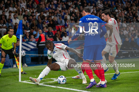 Moise Kean of Italy is in action during the UEFA Nations League 2024/25 League A Group A2 match between France and Italy at Parc des Princes...