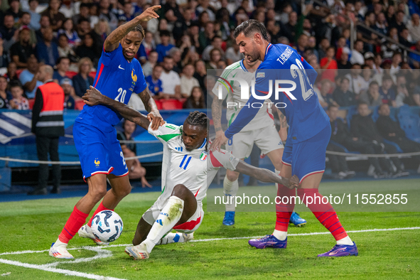 Moise Kean of Italy is in action during the UEFA Nations League 2024/25 League A Group A2 match between France and Italy at Parc des Princes...