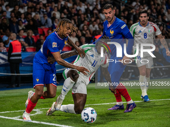 Moise Kean of Italy is in action during the UEFA Nations League 2024/25 League A Group A2 match between France and Italy at Parc des Princes...