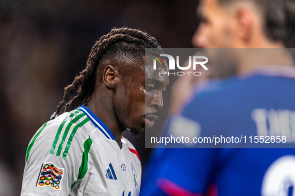 Moise Kean of Italy is in action during the UEFA Nations League 2024/25 League A Group A2 match between France and Italy at Parc des Princes...