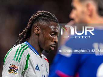 Moise Kean of Italy is in action during the UEFA Nations League 2024/25 League A Group A2 match between France and Italy at Parc des Princes...