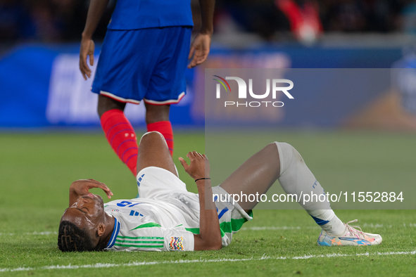 Destiny Udogie of Italy is in action during the UEFA Nations League 2024/25 League A Group A2 match between France and Italy at Parc des Pri...