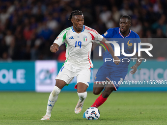 Destiny Udogie of Italy is in action during the UEFA Nations League 2024/25 League A Group A2 match between France and Italy at Parc des Pri...