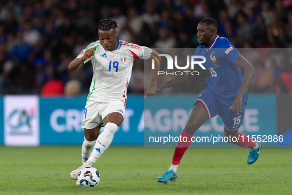 Destiny Udogie of Italy is in action during the UEFA Nations League 2024/25 League A Group A2 match between France and Italy at Parc des Pri...