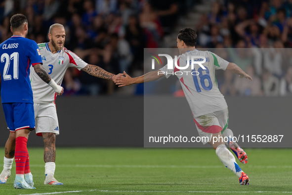 Giacomo Raspadori of Italy celebrates a goal during the UEFA Nations League 2024/25 League A Group A2 match between France and Italy at Parc...