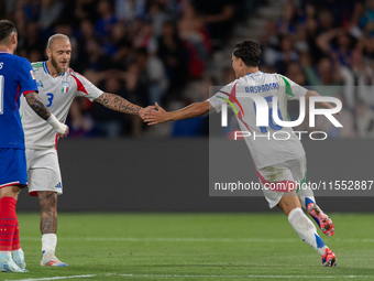 Giacomo Raspadori of Italy celebrates a goal during the UEFA Nations League 2024/25 League A Group A2 match between France and Italy at Parc...