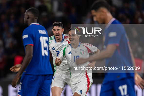 Giacomo Raspadori of Italy celebrates a goal during the UEFA Nations League 2024/25 League A Group A2 match between France and Italy at Parc...