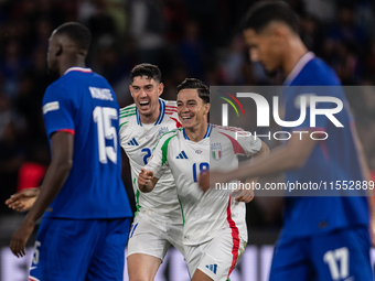 Giacomo Raspadori of Italy celebrates a goal during the UEFA Nations League 2024/25 League A Group A2 match between France and Italy at Parc...