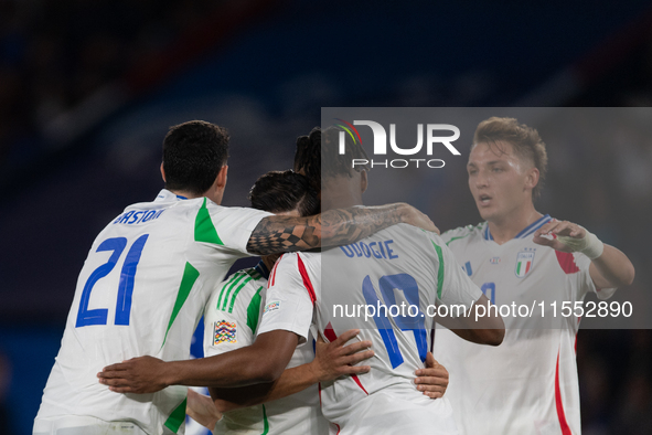 Giacomo Raspadori of Italy celebrates a goal during the UEFA Nations League 2024/25 League A Group A2 match between France and Italy at Parc...