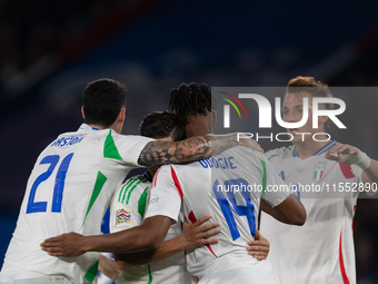 Giacomo Raspadori of Italy celebrates a goal during the UEFA Nations League 2024/25 League A Group A2 match between France and Italy at Parc...